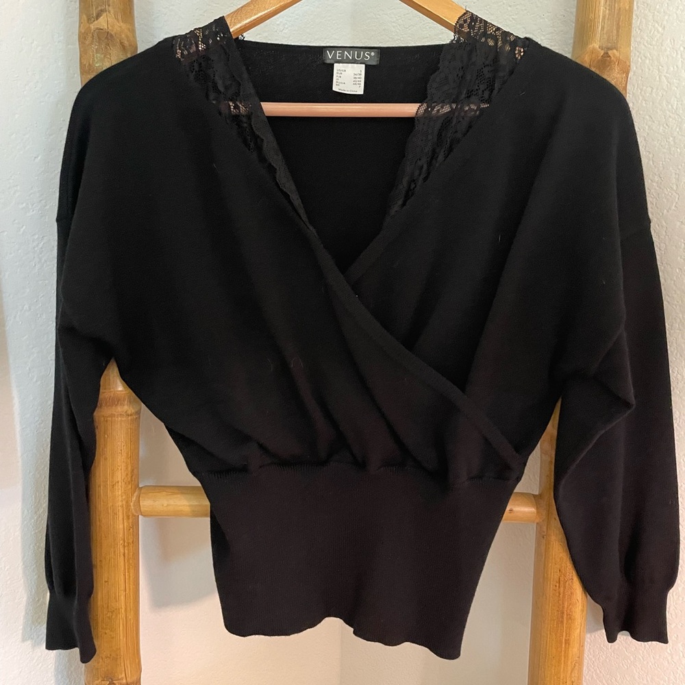 NWOT Venus black sweater with lace inset
